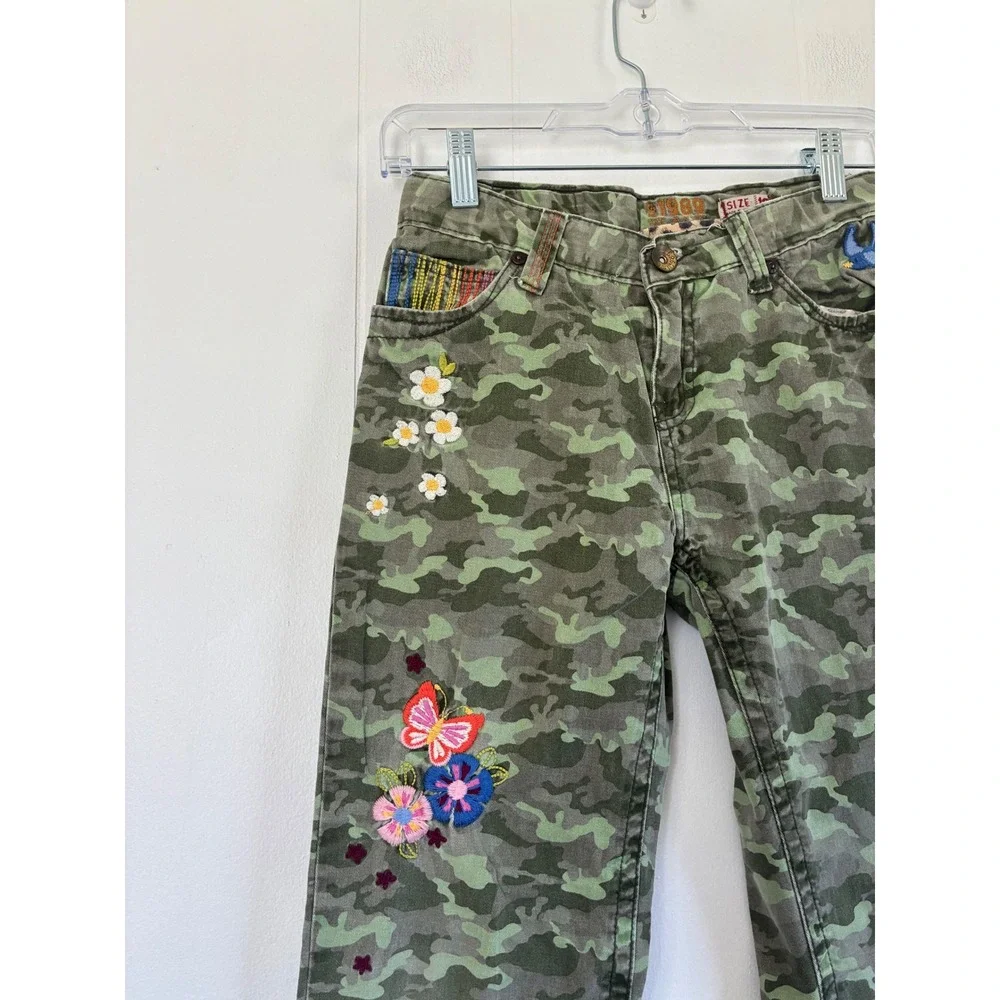 The Children's Place Girls Camo Embroidered Peace‎ Flower Pants Size 12 Green